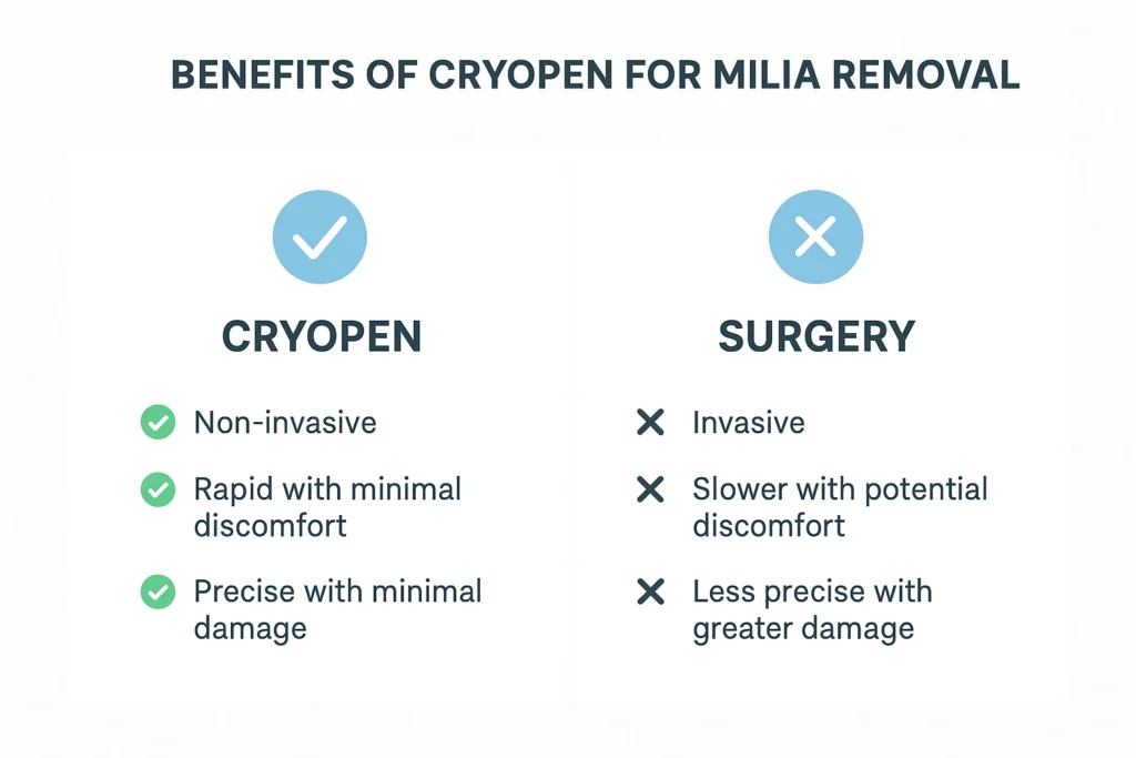 Benefits of cryopen for milia removal Shoreham-by-Sea compared to surgical treatments.