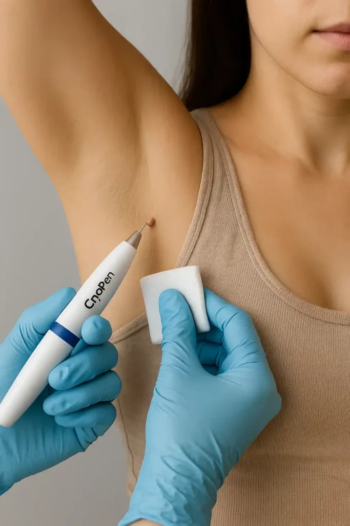 woman having cryopen to remove underarm skin tags Shoreham-by-Sea