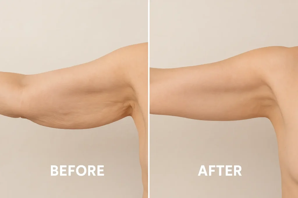 Picture of LA LIPO Shoreham-by-Sea before and after results of skin tightening treatment on the upper arms.