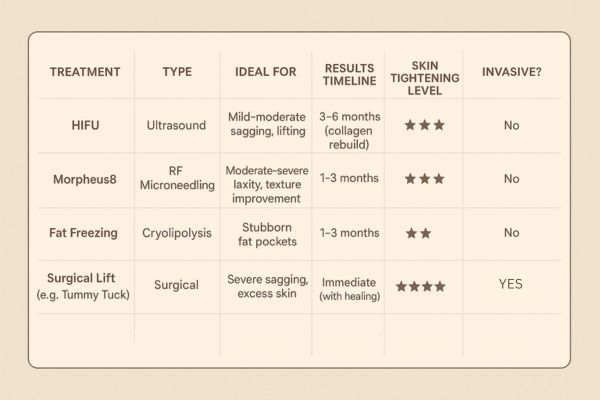 Table showing the comparisons of Skin tightening Shoreham-by-Sea treatment options.